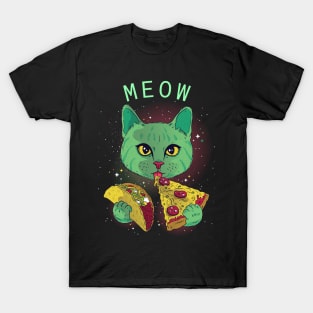 Cosmic Space Cat Eating Taco And Pizza T-Shirt